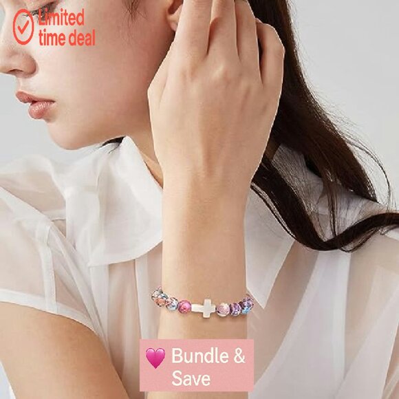 Christian Cross Bracelet Adjustable Stone Beads Faith Jewelry Gift - Picture 3 of 7